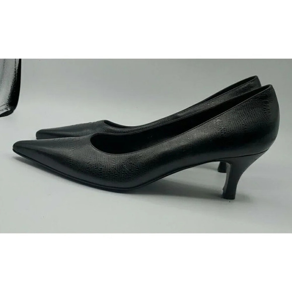 SALVATORE FERRAGAMO Black Leather Croc Point Toe Pumps Womens Kitten Heel 10B - Picture 4 of 12